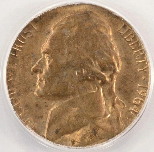 1964-D 5セントジェファーソンニッケル、セントプランシェット刻印、3.04グラム、ANACS MS63 RB