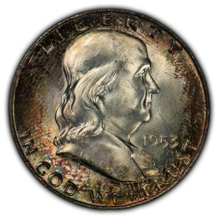 1953-D 50セント フランクリン ハーフダラー - レインボーミントセットトーニング - NGC MS 65 FBL - X592