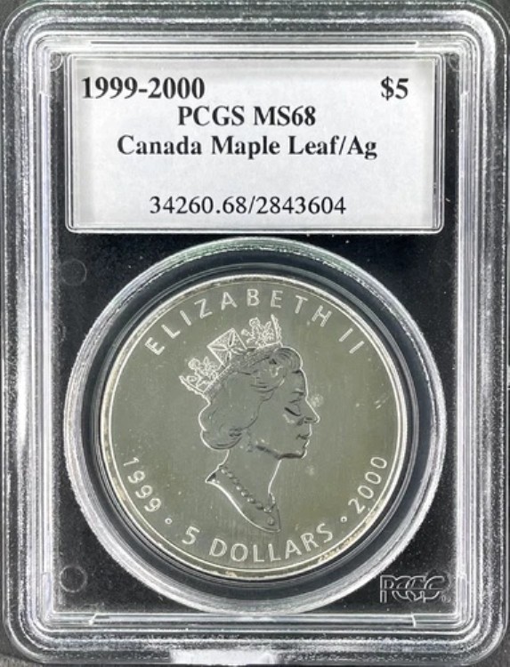 ** 希少 ** 1999-2000 カナダ メープルリーフ 5 シルバー ドル PCGS MS 68