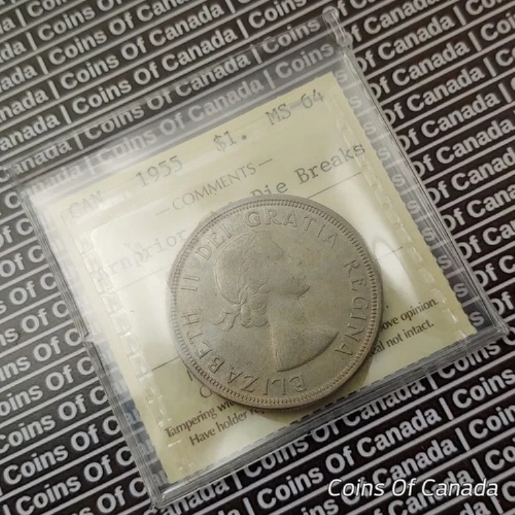 1955年カナダ 1ドル銀貨 ICCS MS 64 アーンプライア（ダイブレイク付き）#coinsofcanada