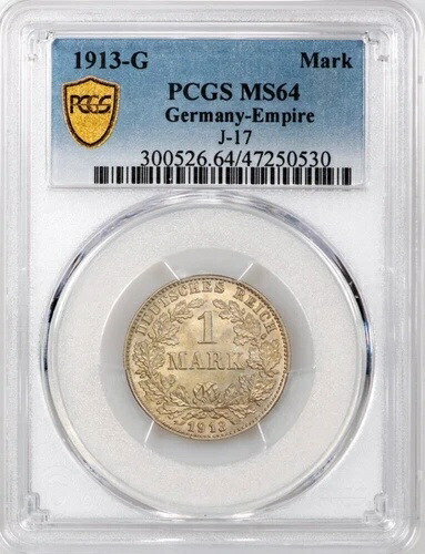 ドイツ帝国 1913G 1マルク ヴィルヘルム2世 小盾 - PCGS MS64 227,150円