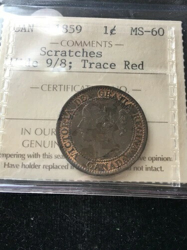 1859年 ワイド 9/8 ICCS グレード カナダ ラージ 1セント**MS-60 傷あり**# RI 785
