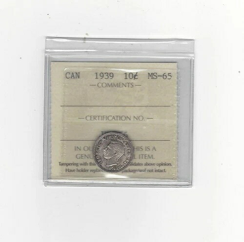 1939年 ICCS グレードカナダ、10セント、**MS-65**