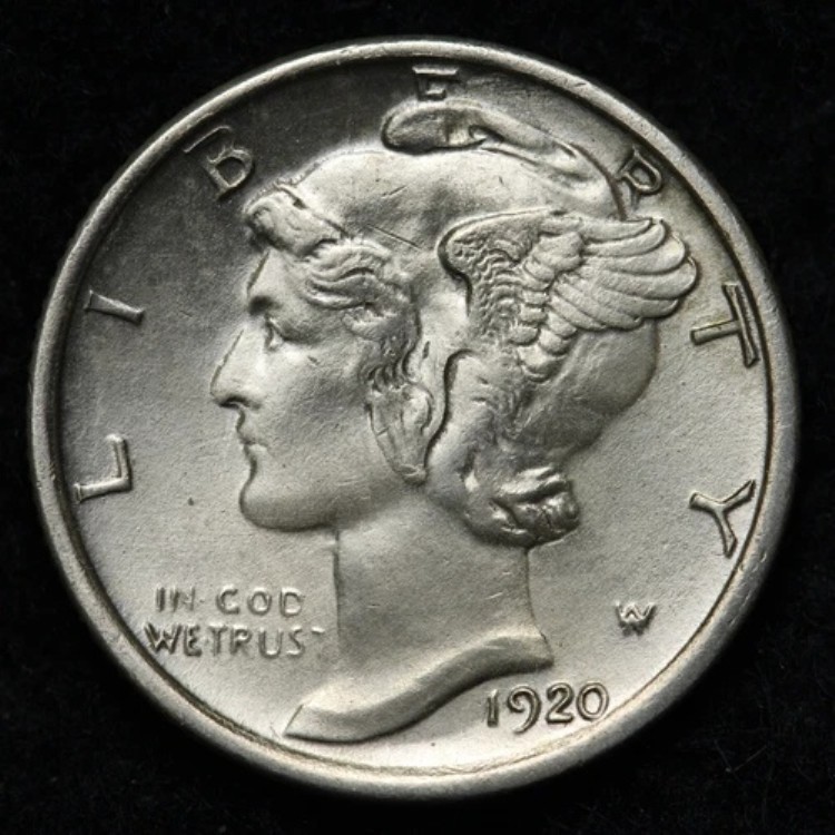 1920-D マーキュリー銀貨 10セント硬貨 BU *未流通* MS ほぼフルバンド E244 TRNM