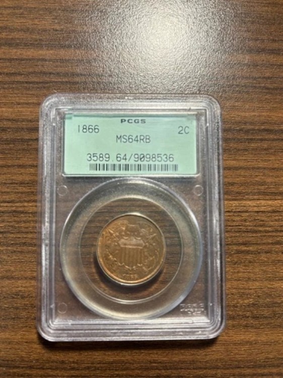 1866-P 2セント硬貨 2C PCGS MS 64 ミントステート 64 レッドブラウン RB オールドグリーンホルダー