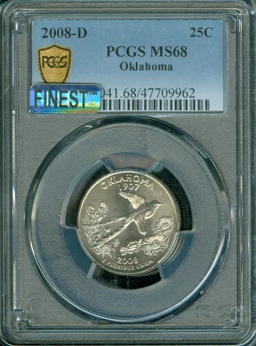 2008 D オクラホマ州 25 セント硬貨、PCGS MS68 PQ MAC 最高品質 & 汚れなし。