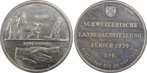 スイス 1939年 5フラン チューリッヒ スペシメン PCGS SP62 希少
