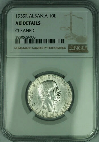 1939-R アルバニア 10レク銀貨 NGC AU 詳細クリーニング済み