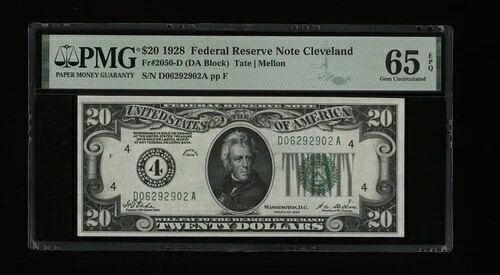 DBR 1928 $20 FRN クリーブランド 数字 宝石 Fr. 2050-D PMG 65 EPQ シリアル D06292902A