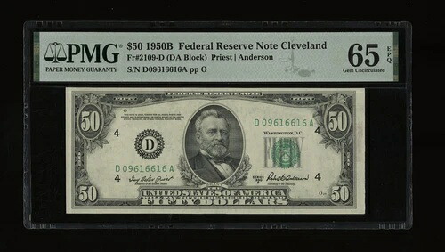 DBR 1950-B $50 FRN クリーブランド ジェム Fr. 2109-D PMG 65 EPQ シリアル D09616616A