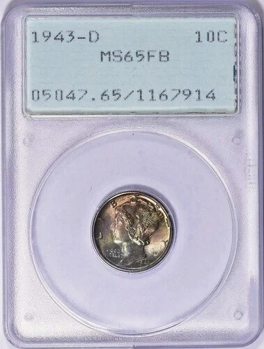1943年 D マーキュリーダイム PCGS ラトラー OGH MS65FB フルバンド レインボートーン アンダーグレード
