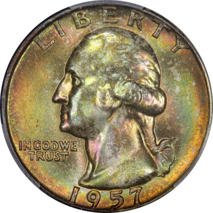 1957年 D ワシントン クォーター PCGS MS66 レインボートーン ハルクグリーンカラートーン