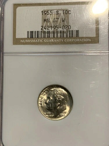 1955-S ルーズベルト・ダイム NGC MS67W (ホワイト) 銀地金 フルトーチ？「美しい」