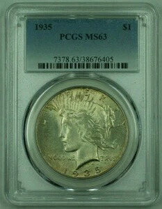 1935年ピースシルバーダラーPCGS MS-63（アンダーグレーディング）（トーン）（25）