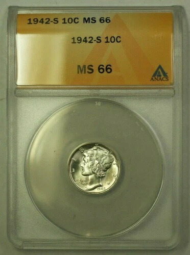 1942-S シルバー マーキュリー ダイム 10セント ANACS MS-66 *ほぼフルバンド* (B) (WW) 202,400円
