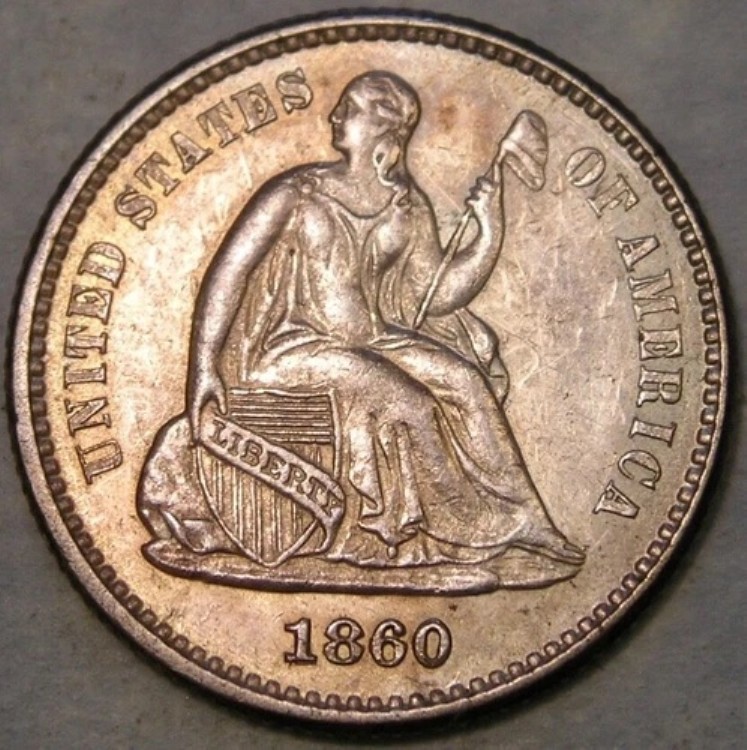 1860/1__0 自由の女神像 銀製ハーフダイム RPD 希少美品 再刻印 日付入り VP-001