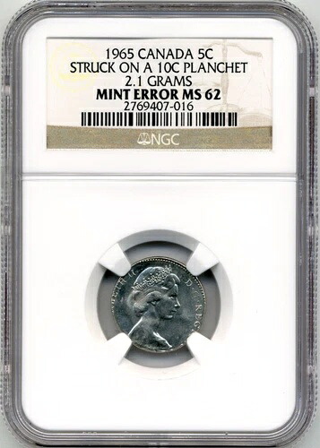 ミントエラー：1965年カナダ5セント硬貨（10セント硬貨板に刻印） - NGC MS62｜WORLD RESOURCE【KING店】