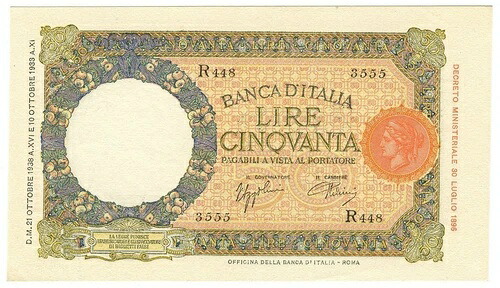50 リラ CAPRANESI LUPA CAPITOLINA MARGINE LARGO FASCIO ROMA 1938/10/21 FDS-/FDS
