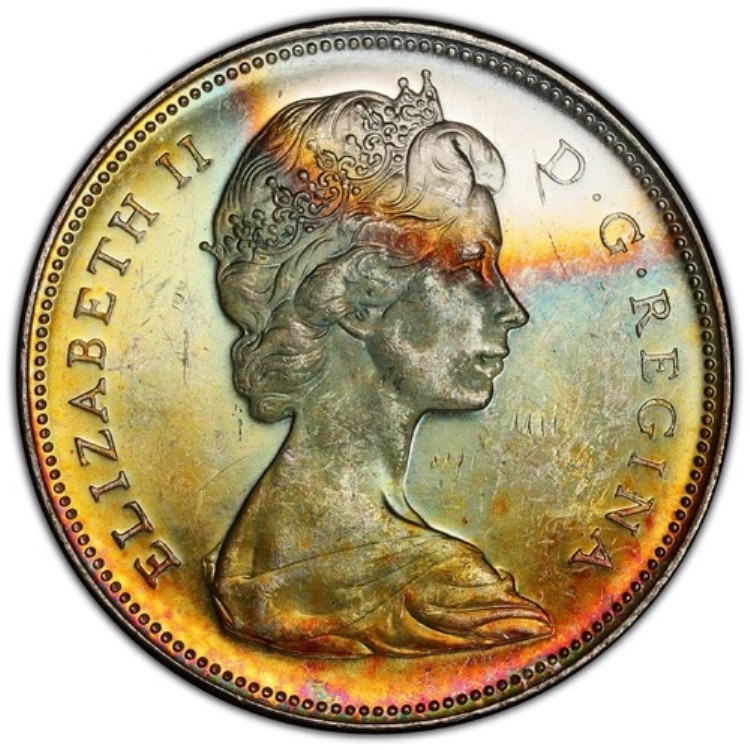 1965年カナダ 1ドル銀貨 タイプ3 Lgビーズ、BL5 PCGS MS63 レインボートーンビースト|WORLD RESOURCE【KING店】