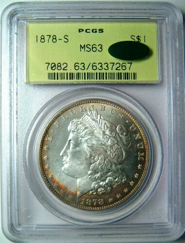 1878-S トーン加工 モーガン シルバー ドル ~ PCGS OGH MS63 CAC ~ カラフルな裏面トーン加工 *