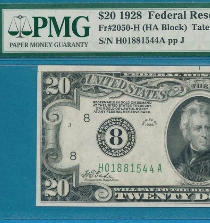 $20.1928-セントルイス数字「8」グリーンシールFRN PMG CHOICE NEW64EPQ