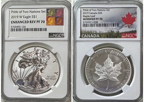 2019年 米国$1 強化Rev PF70 & カナダ$5 改良PF70 Pride of Two Nationsセット