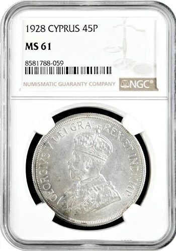 キプロス 45 ピアストル 1928年、NGC MS61、「50周年記念 - イギリス領キプロス」銀貨