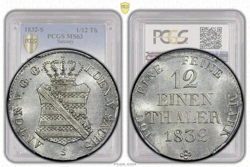 ドイツ、ザクセン、アントン、1/12ターレル、1832年、希少、PCGS MS 63