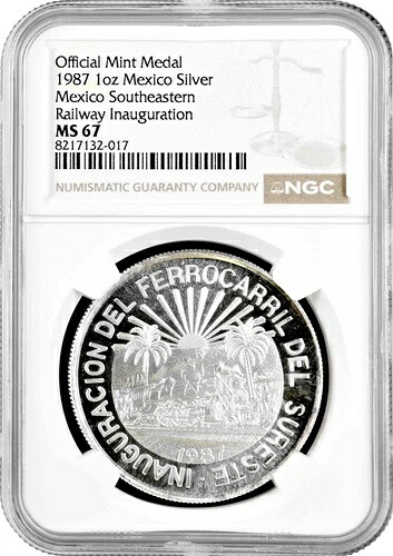 メキシコ 1987年 銀メダル、NGC MS67、「南東鉄道開通式」ポップ 1/1 148,500円
