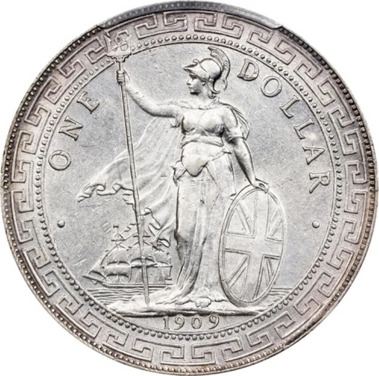 イギリス：エドワード7世貿易ドル 1909-B、PCGS AU-58、ボンベイ造幣局、光沢 148,500円