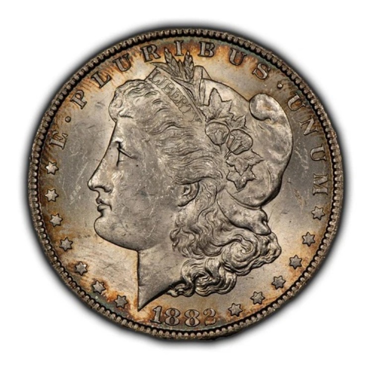 1882-CC 1ドルモルガン・ダラー - レインボー・リム・トーニング - BUキー・デート・カーソンシティ - B3837