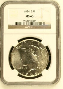 1934年ピースシルバーダラー NGC MS-63