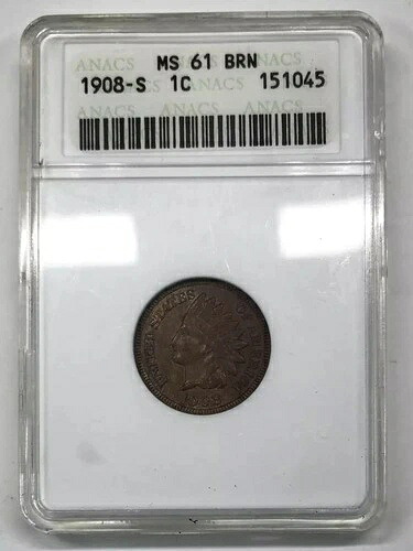 1908年 SインディアンヘッドセントANACS MS-61 BN - 古い白い石鹸箱ホルダー