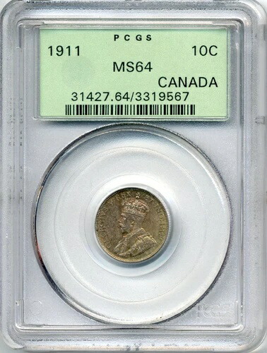 1911年カナダ10セント - チョイスアンサーキュレート、PCGS MS 64 198,000円