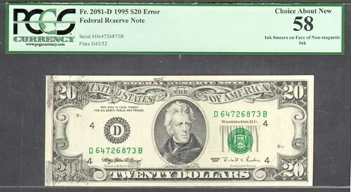 20ドル 1995年 FRN 非磁性インクの汚れあり PCGS Ch Abt New 58
