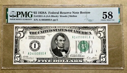 1928A $5 FRN ボストン PMG A 14050895 A