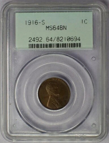 1916-S 1セント リンカーン ウィート セント - PCGS MS 64 BN OGH