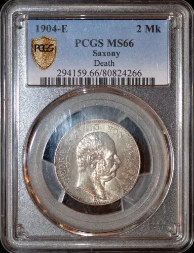 1904年-E ドイツ ザクセン シルバー「デス」 2マルク - PCGS MS66 - 厳選された派手な宝石！ PQ+