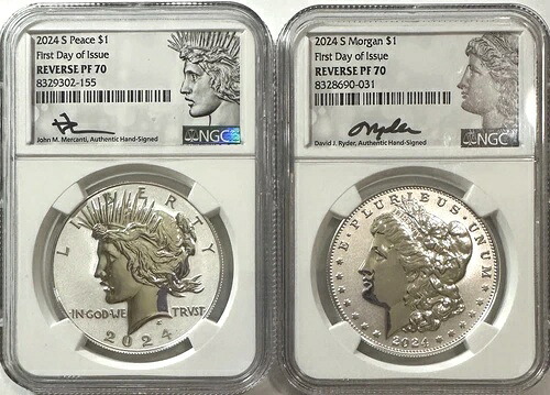 2024-S 米国銀貨「発行初日」ピース1ドル&モルガン1ドル - NGC 裏面 PR70|WORLD RESOURCE【KING店】