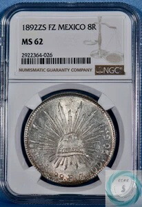 1892 ZS FZ メキシコ 8 レアル NGC MS 62 - 目にも鮮やかなきれいな標本!!!