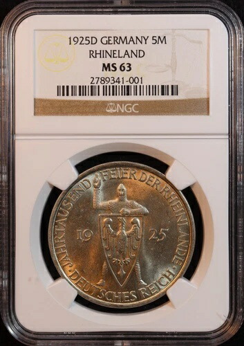 1925-D ドイツ「ラインラント」銀貨 5 マルク - NGC MS63 - スイートライトゴールドトーン！