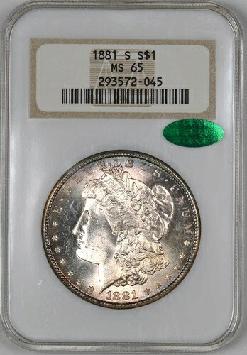 1881-S モルガン銀貨 オールドホルダー $1 - PCGS MS65 - CAC オールドホルダー