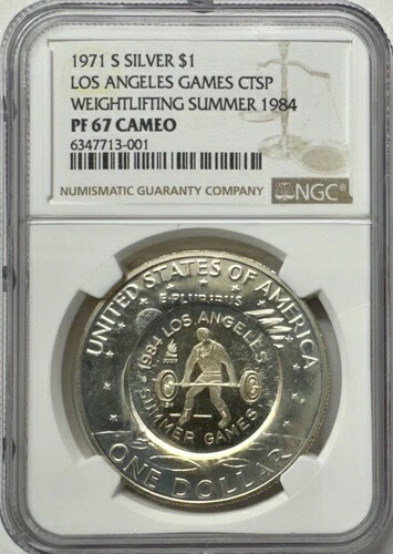 1971-S シルバー $1 ロサンゼルス大会 CTSP ウェイトリフティング 1984年夏 NGC PF-67 カメオ