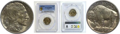 1913-D T-1 5C バッファローニッケル PCGS MS-65