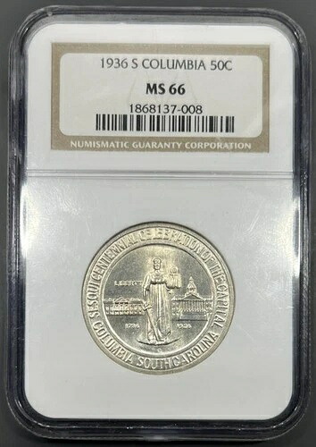 1946-S NGC MS66 コロンビア記念ハーフドル 50セント - 光沢のある白