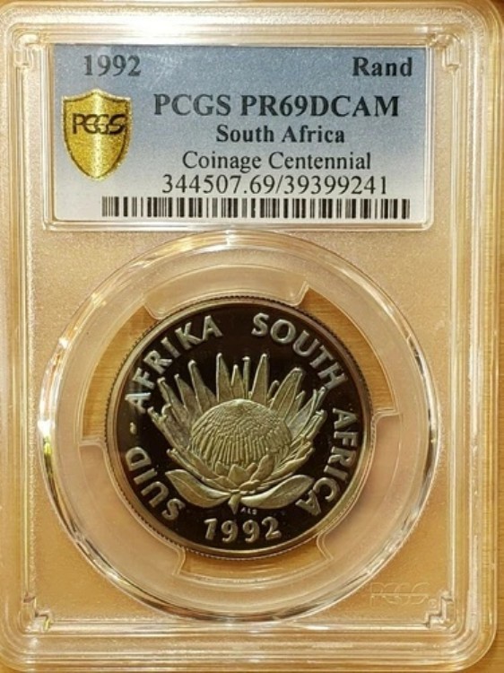 1992年南アフリカ1ランド銀貨 センテニアルトーン PCGS MS69DCAM 9241