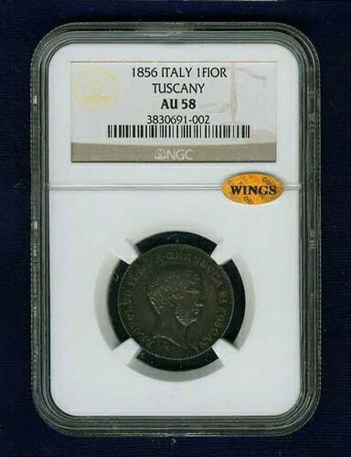 イタリア / イタリア領トスカーナ 1856年 1 フィオリーノ 銀貨 NGC認定 AU58