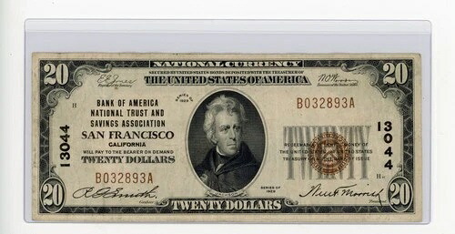 1929年 $20 カリフォルニア州サンフランシスコのBOA NTSA ブラウンシール XF/AU