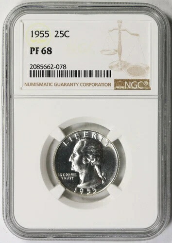 1955年ワシントンクォーター銀貨 25セントプルーフ PF 68 NGC