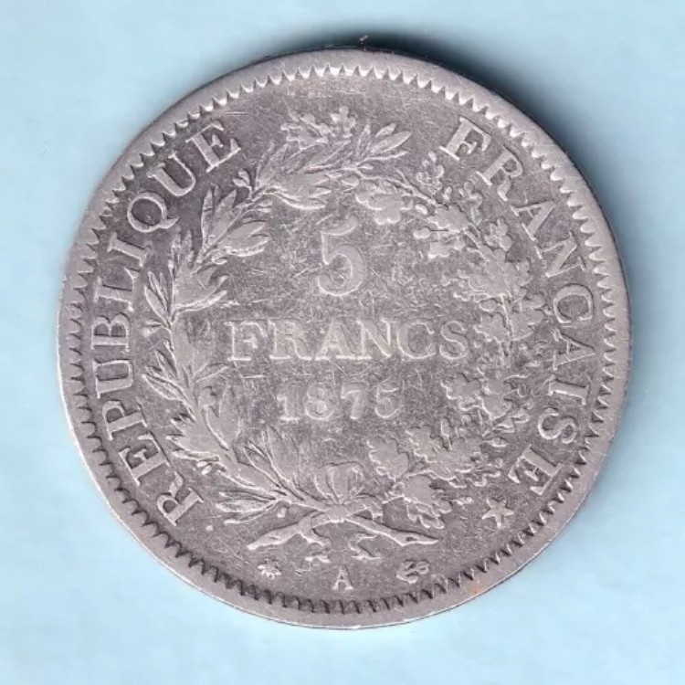 フランス。1875-A 5フラン。パリ造幣局。美品+
